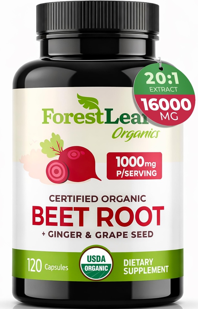 Estratto di radice di barbabietola organica ForestLeaf - Supplemento di barbabietola 16000mg Resistenza 20:1 Pillole di espulsione w/Ginger Grape Seed | Supporto Pressione sanguigna, Ossido nitrico, Flusso, Circolazione | Beets Polvere - 120 Caps