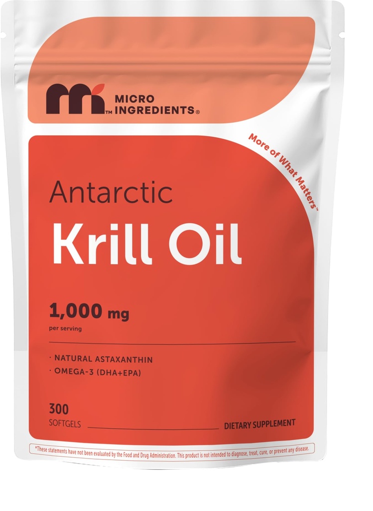 Micro Ingredienti Antartico Krill olio supplemento, 1000mg Per Serving, 300 Soft-Gels, Ricco di Omega-3s EPA, DHA & Natural Astaxanthin, Supporta Immune System & Brain Health, Facile da ingoiare