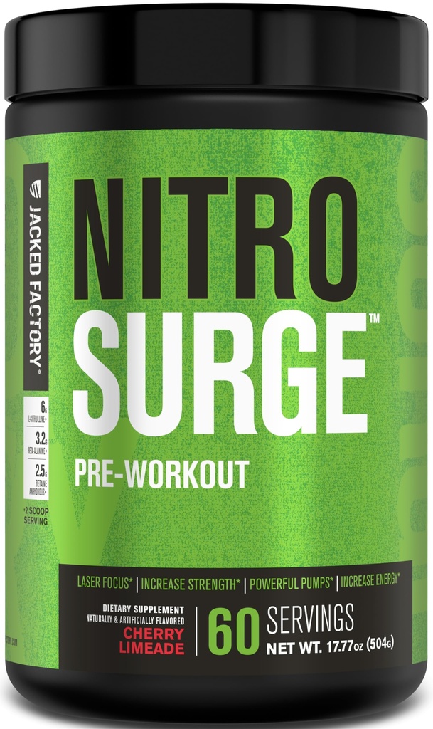 Jacked Factory NITROSURGE Pre Supplemento di allenamento - Energia senza fine, Gains di resistenza istantanea, messa a fuoco trasparente, pompe intenzionali - NO Booster & Potente Preworkout polvere di energia - 60 Serve, Limeade di ciliegia