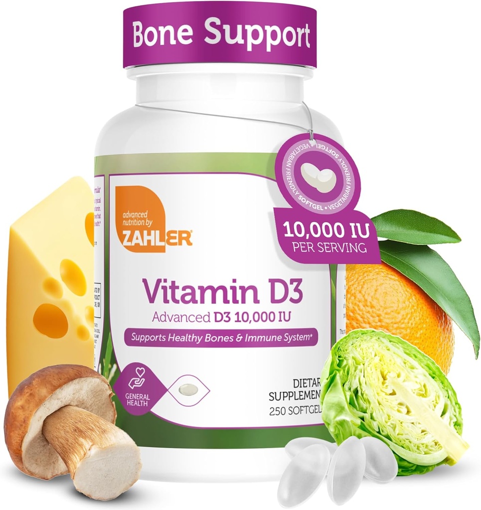 Zahler - Vitamina Avanzata D3 10.000 IU Softgels (250 Conte) Kosher Vitamina Per vegetariani Amichevole D per il supporto immunitario, Bone, denti e salute del muscolo - Facile Ingoia VIT D 3