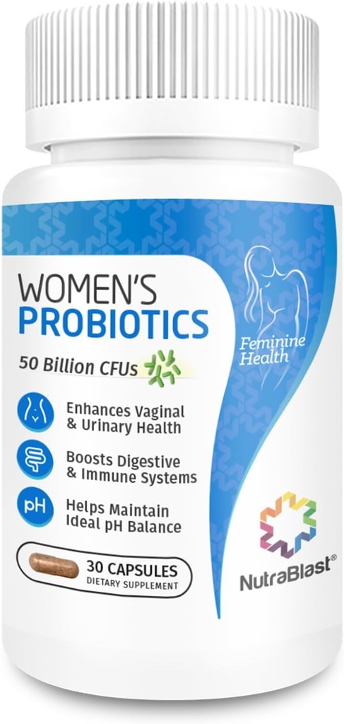 NutraBlast Vaginal Probiotics per le donne Digestive, equilibrio intimo, UT & Vaginal Health - 50 miliardi di CFU - 6 Strains, Prebiotici, Estratto di mirtillo & D Mannosio - Donne Probiotico (30 Conte)