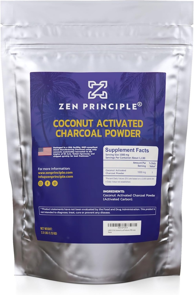 Polvere di carbone attivata del cocco del principio Zen. Whitens denti, ringiovanisce pelle e capelli, supporta una migliore digestione. Produttori USA, 2.5 lb