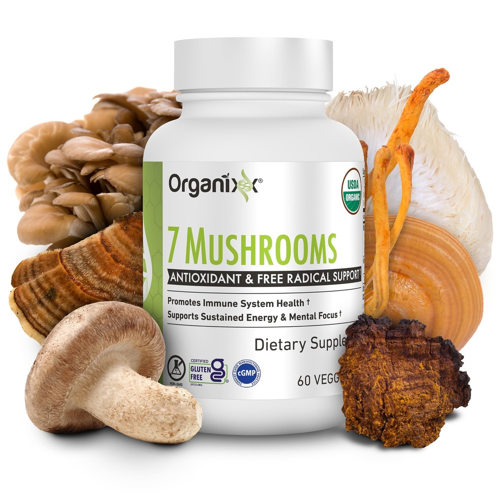 Organixx USDA Organic Mushroom Supplement, 7 Funghi Fermentati – Lions Mane, Shiitake, Cordyceps, Turchia Tail, Reishi – per il supporto Immune & Digestion, 60 Capsule Vegetariani