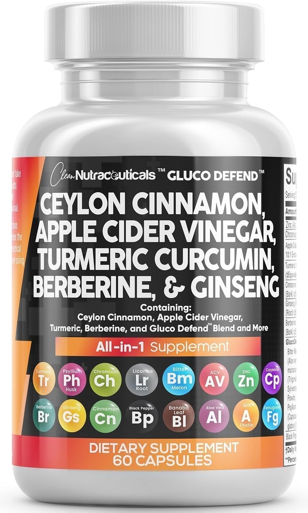 Pulire Nutraceuticals Ceylon Cinnamon Capsules + Berberine Turmeric Apple Cider Vinegar Ginseng Bitter Melon Gymnema Latte Thistle Fenugreek Supplement Pills Powder for Men & Women