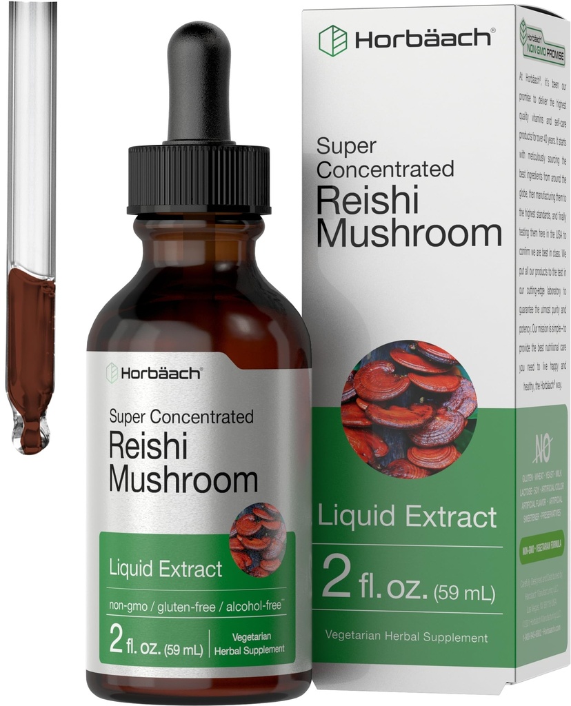 Horbäach Reishi Estratto di funghi tintura | 2 Fl Oz | Gocce liquide | Ganoderma Lucidum | Vegetariano, Alcol Free | Non-GMO, Gluten Free Supplement