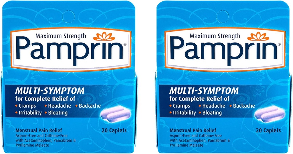 Pamprin Multi-Symptom Formula, con Acetaminophen, Sintomi di Periodo Mestruale Rilievo Compresi Crampe, Dolore, Irritabilità e Bloating, 20 Caplets (Pacchetto di 2)