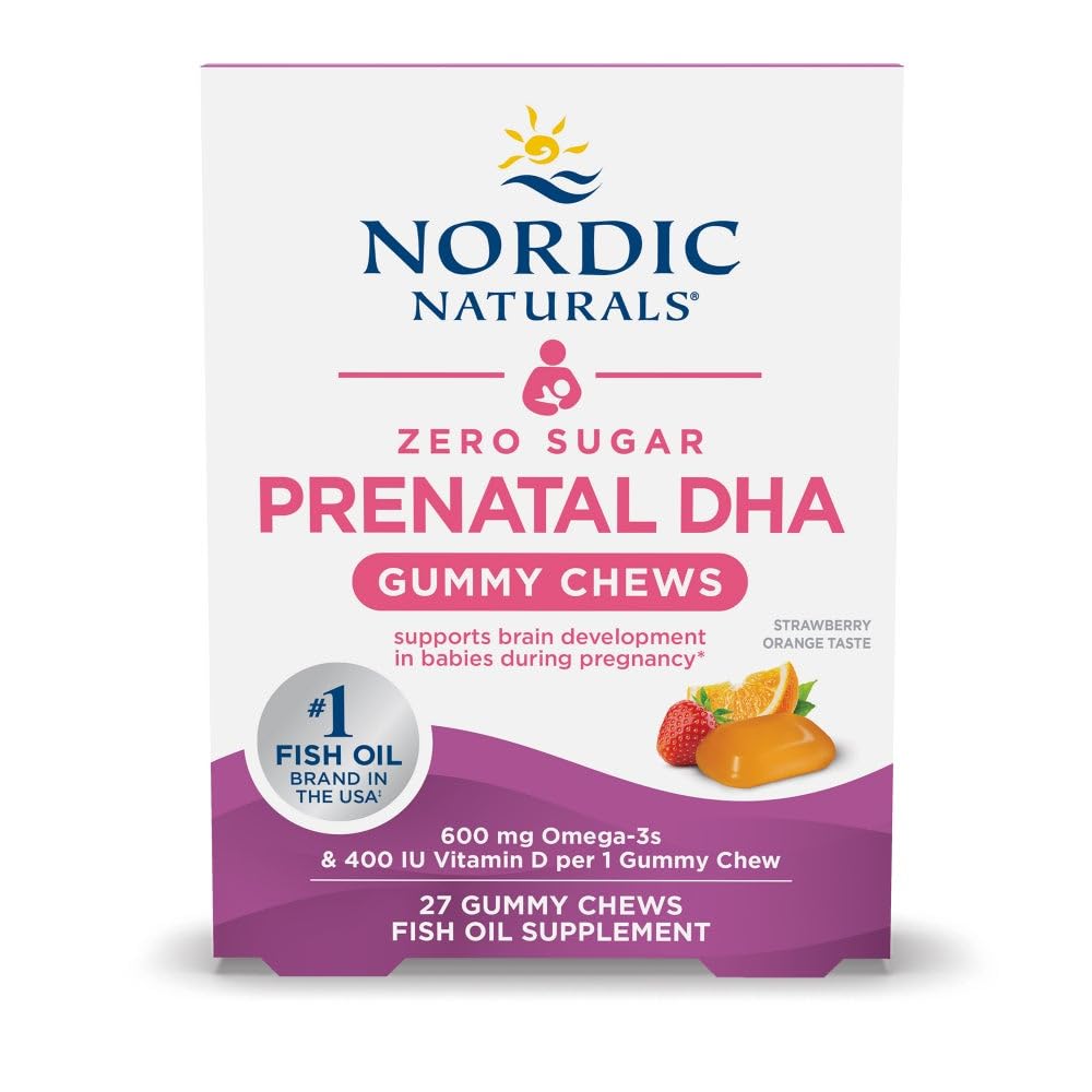 Nordic Naturals Zero Zucchero DHA Prenatal Vitamin Gummies, Fragola Arancione Flavor - 27 Gummies - Integratori per Gravidanza - 600 mg Omega-3 Fish Oil e 400 IU Vitamin D3-27 Serve