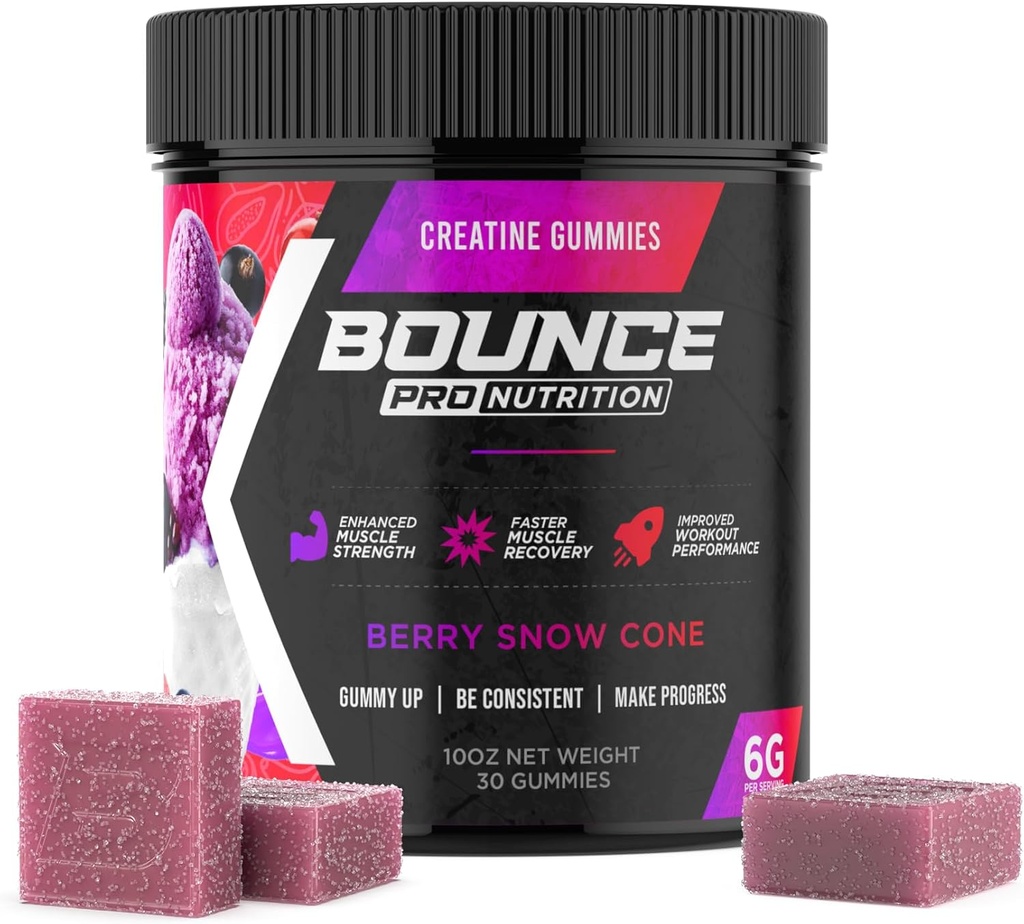 Mazzo Pro Creatina Monoidrato Gummies per Uomini e Donne, Calorie Bassa, 6G di Creatina per Serve, Vegan, Anti-Melting, Senza Glutine, Non-GMO, 2g di Creatina per Gomma (30ct, Cono di Neve Berry)