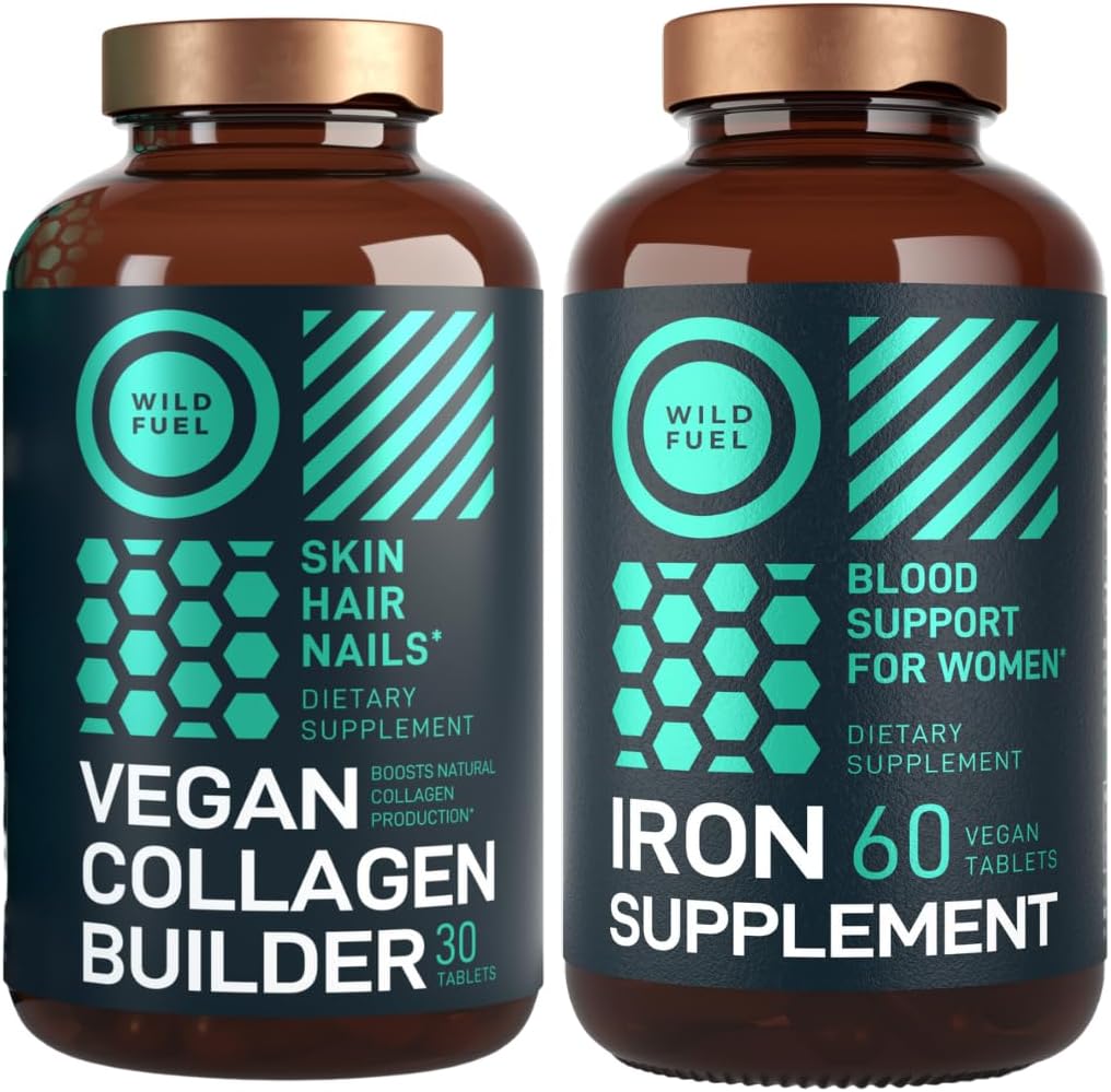 WILD FUEL Vegan Collagen Builder Tablets e supplemento di ferro per le donne con acido folico Female Bundle