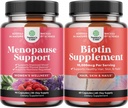 Bundle of Complete Herbal Menopause Supplement per Night Sweats & Mood with Dong Quai Vitex Chaste Berry & Black Cohosh and Pure Biotin Pills for Shiny Thick Hair Growth - Get Clear Skin Strong Nails
