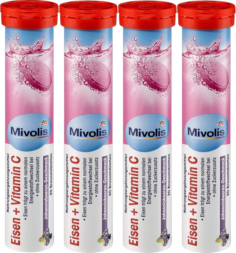 Mivolis Iron + Vitamina C effervescente Compresse - Integratori alimentari 4 confezioni x 20 pz | Germania