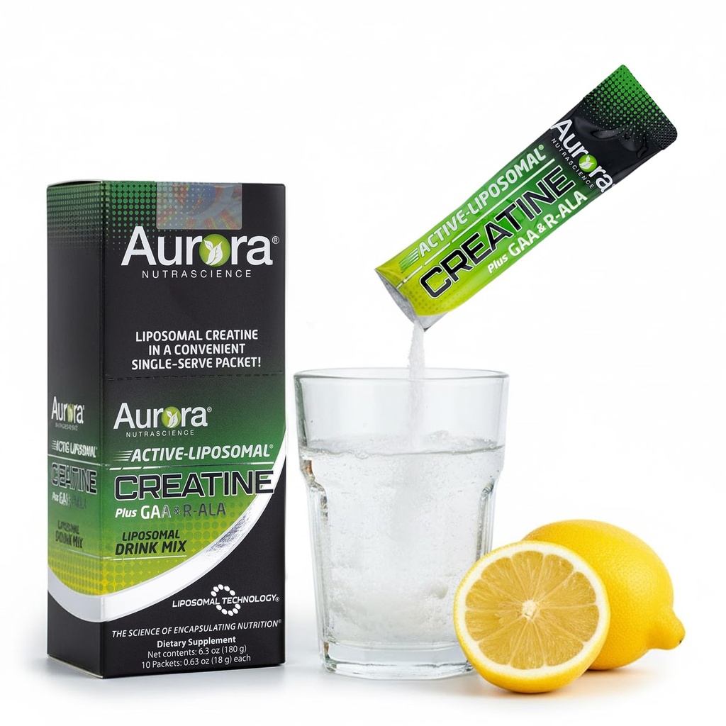 Aurora Nutrascience Liposomal Creatine + GAA & R-ALA Lime Lime Polvere Bere Mix, Aumentare l'energia, Supporta le prestazioni di esercizio e la crescita del muscolo per Wowen e Men, 10 pacchetti