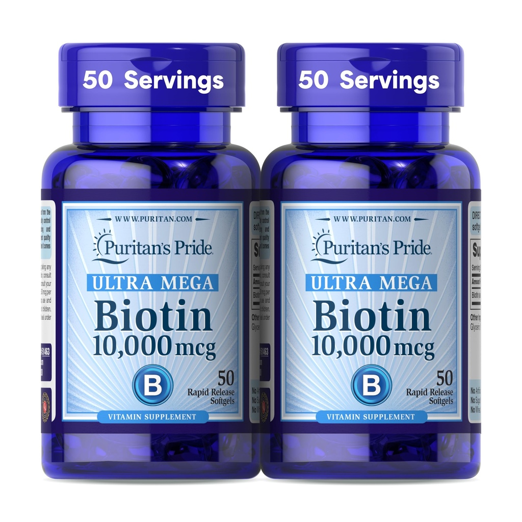 Puritan's Pride Premium Ultra Mega Biotin 10.000mcg, Integratore alimentare per capelli sani, pelle, unghie e supporto per il metabolismo energetico, 100 giorni di alimentazione, 50 Softgel a rilascio rapido, 2 Pack