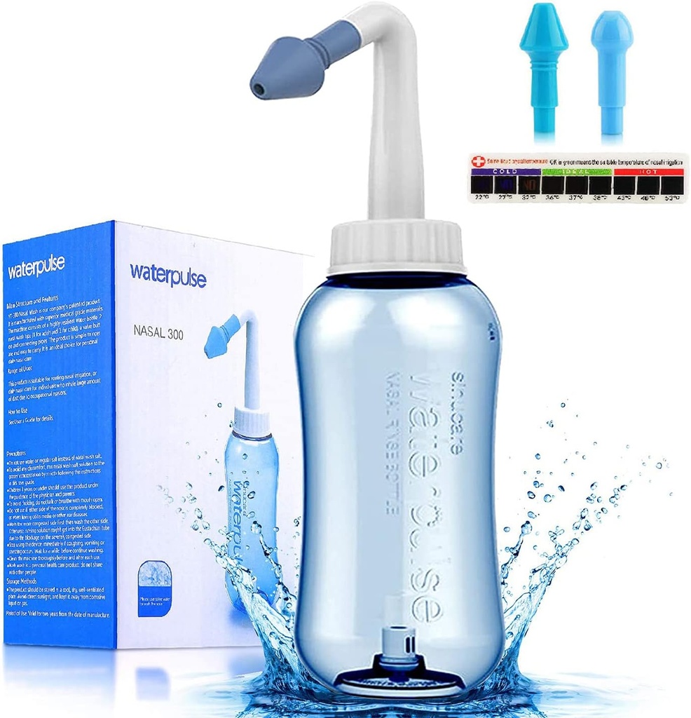Darate Neti Pot Sinus Rinse Bottiglia, Risciacquatore di pressione del detergente del naso Irrigazione nasale per adulti e bambini BPA Free con il termometro adesivo (300ml)