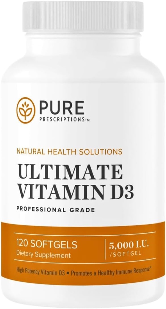 Pure Prescriptions Ultimate Vitamin D3-5,000 IU - Supplemento ad alta assorbimento della vitamina D per promuovere le ossa sane con il sistema immunitario e il supporto cardiovascolare - 120 Softgels - USA Made