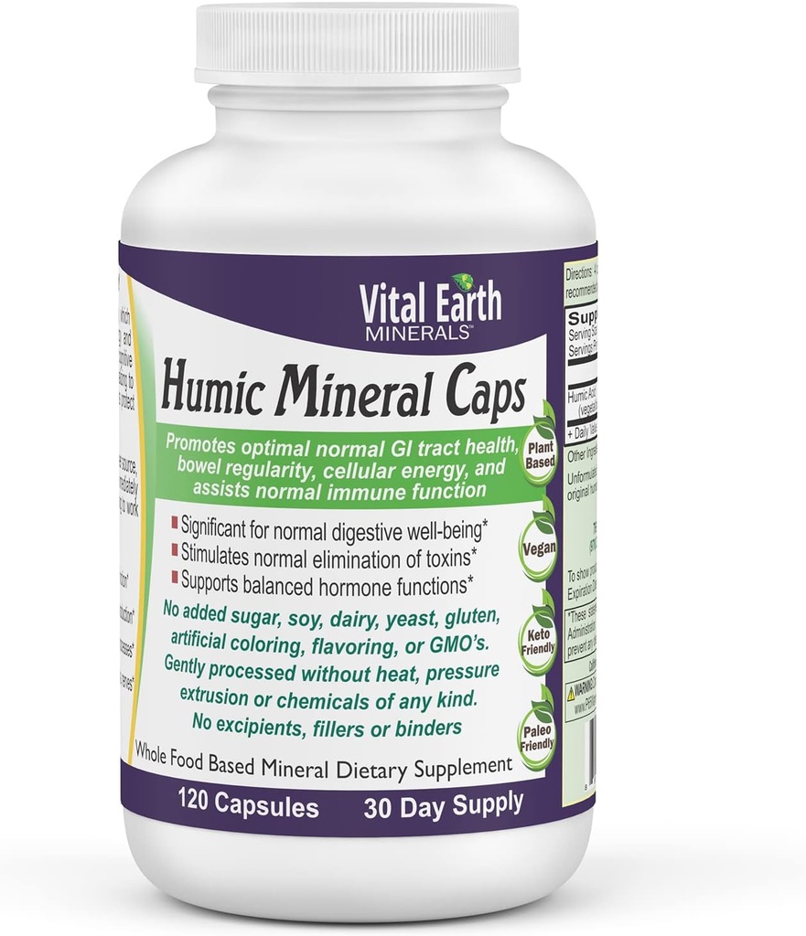 Minerali di Terra Vitali Capsula Minerali Humici - 70+ Minerali di Trace con Acido Fulvico Naturale Oscurante, Integratore Minerale Alcalizzante per Detox, Salute Gut, Benessere, 120 Conte