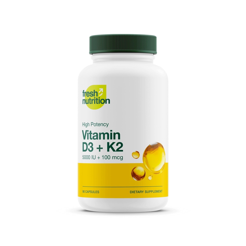 Nutrizione fresca Vegan Vitamin D3 + K2 Capsule - 5000 IU D3 + 100mcg K2 come MK-7 per l'assorbimento ottimale - Salute immunitaria, Bone Salute, Mood - Non OGM - 90 capsule, 3 mesi di fornitura