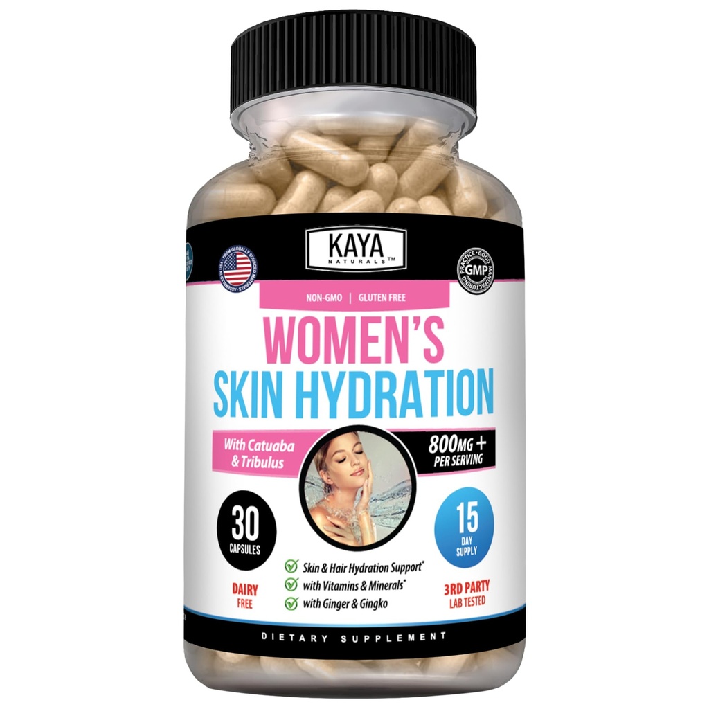 Kaya Naturals Vitamine di idratazione della pelle - Pillole femminili - capsule di potenziamento della pelle - Booster di idratazione per le donne - promuove l'energia aumentata, Mood & Stamina - Riduzione in secchezza - 30 capsule vegetali