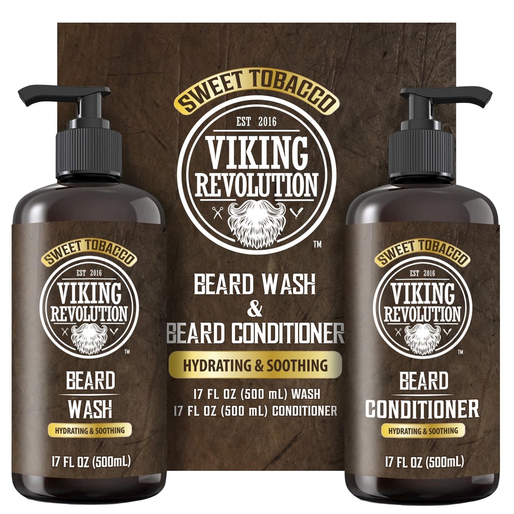 Viking Revolution Beard Wash and Beard Condizionatore per gli uomini con olio di Argan e olio di Jojoba - Cuscinetto Ammorbidente e rinforzante Cuscinetto Cura Shampoo e Condizionatore con olio di barba (17oz, Tobacco dolce)