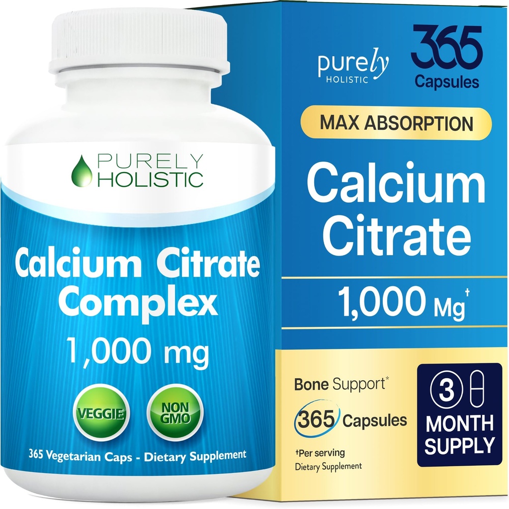 Citrato di calcio 1000mg - 365 capsule vegane non compresse con il prezzemolo aggiunto, il dentello e il crescione - senza vitamina D - fatto negli Stati Uniti da puramente olistico