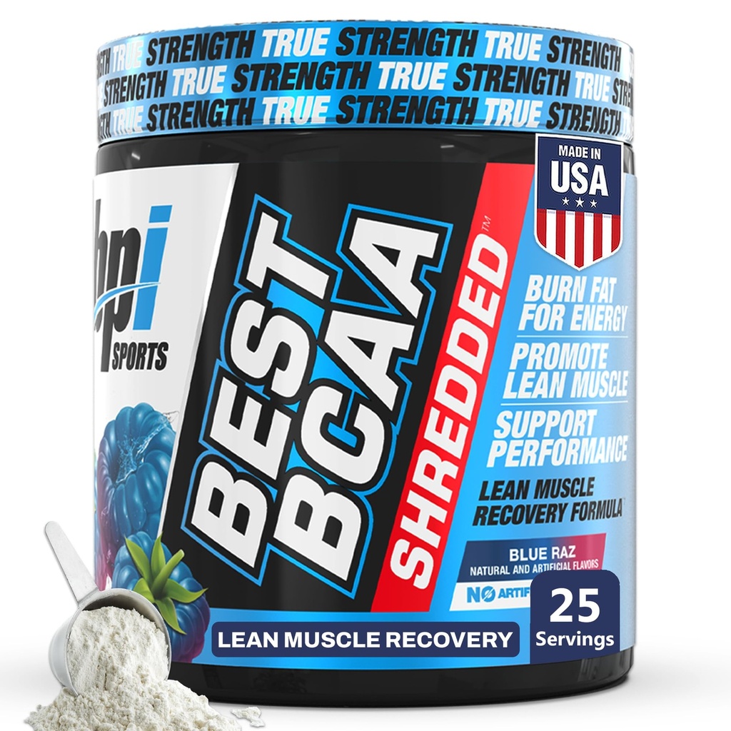 BPI Sports Best BCAA Shredded - Caffeina Free Thermogenic Recovery Drink, Lean Muscle Building BCAA Polvere per le donne e gli uomini, Preworkout BCAAs Aminoacidi Bere- Blu Raz - 25 Serve