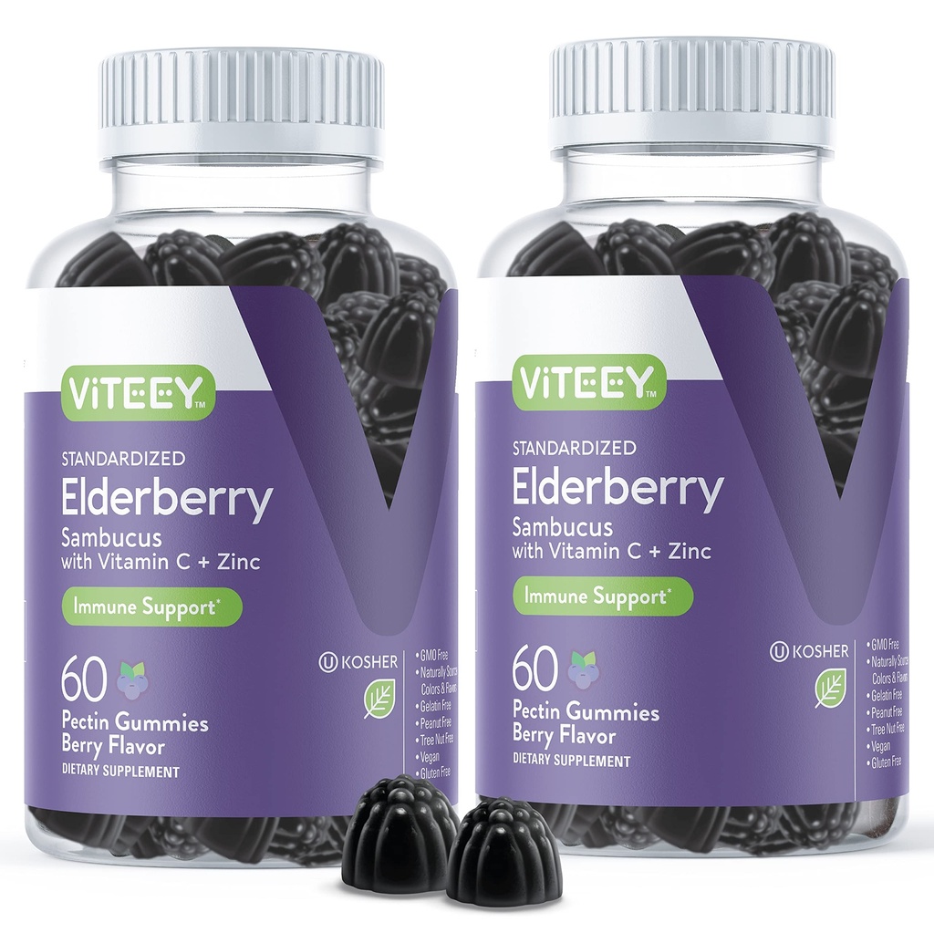 Viteey Sambucus Elderberry Gummies per adulti – Vitamina C di Elderberry e Gummie di Immunità di Zinco - Vegan, Gluten-Free – 120 Count