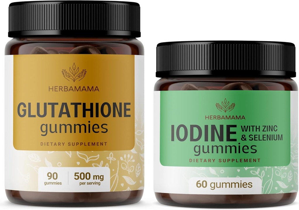 HERBAMAMAMA Glutathione e Iodine Kit - Bundle di 500 mg L-Glutathione & Potassium Iodine Gummies - Vegan, Non OGM, Gelatin-Free - 2 Pack