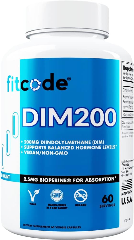 Fitcode Diindolylmethane DIM Supplemento per gli uomini - Advanced Dim 200mg con Dim plus Bioperine per l'assorbimento potenziato - Vegan non OGM supplemento di bilanciamento dell'ormone per l'aumento di energia mood e prestazioni