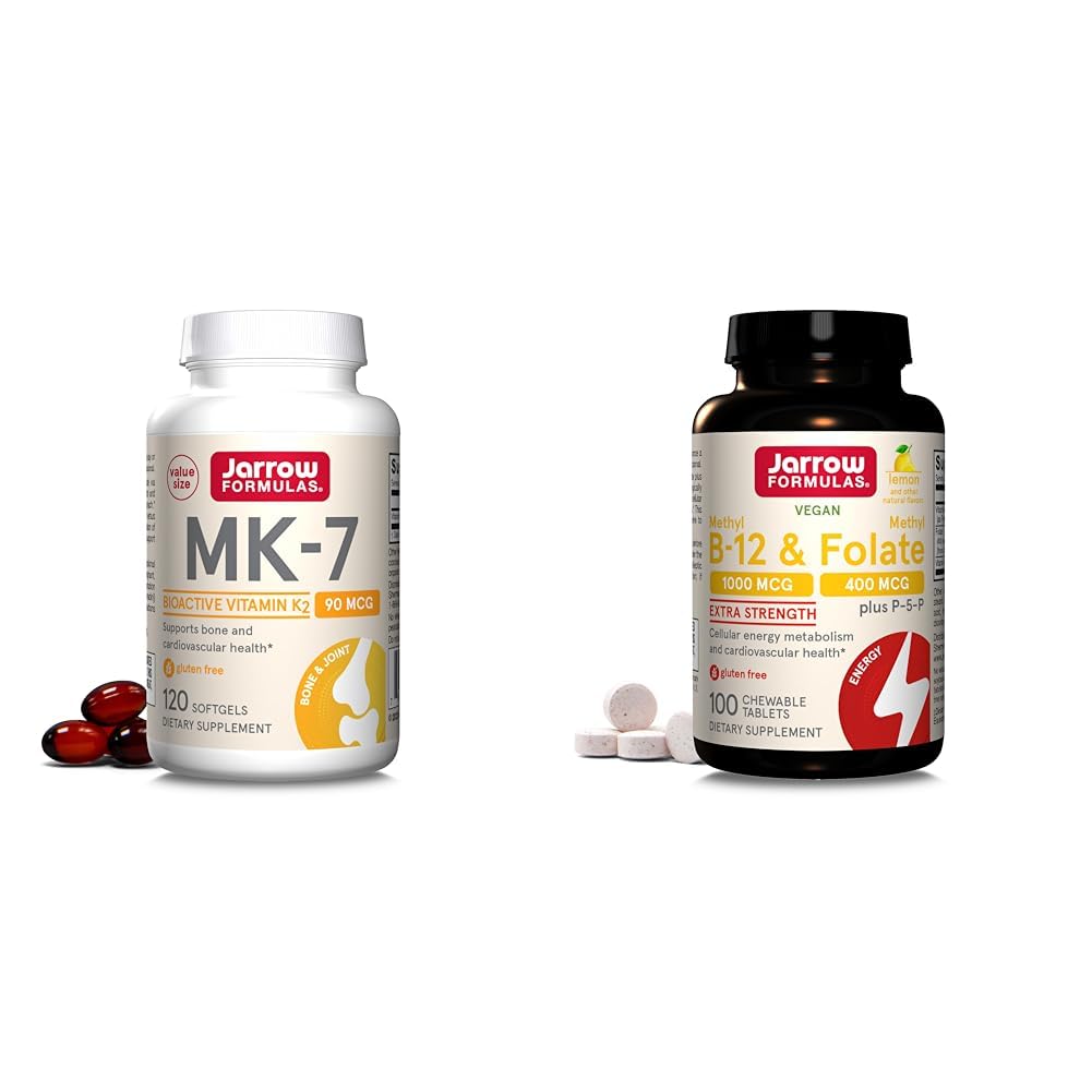 Jarrow Formulas MK7, promuove la salute di ossa, 90 mcg, 120 Softgels & Extra Strength Methyl B-12 1000 mcg & Methyl Folate 400 mcg + P-5-P, Dietetico