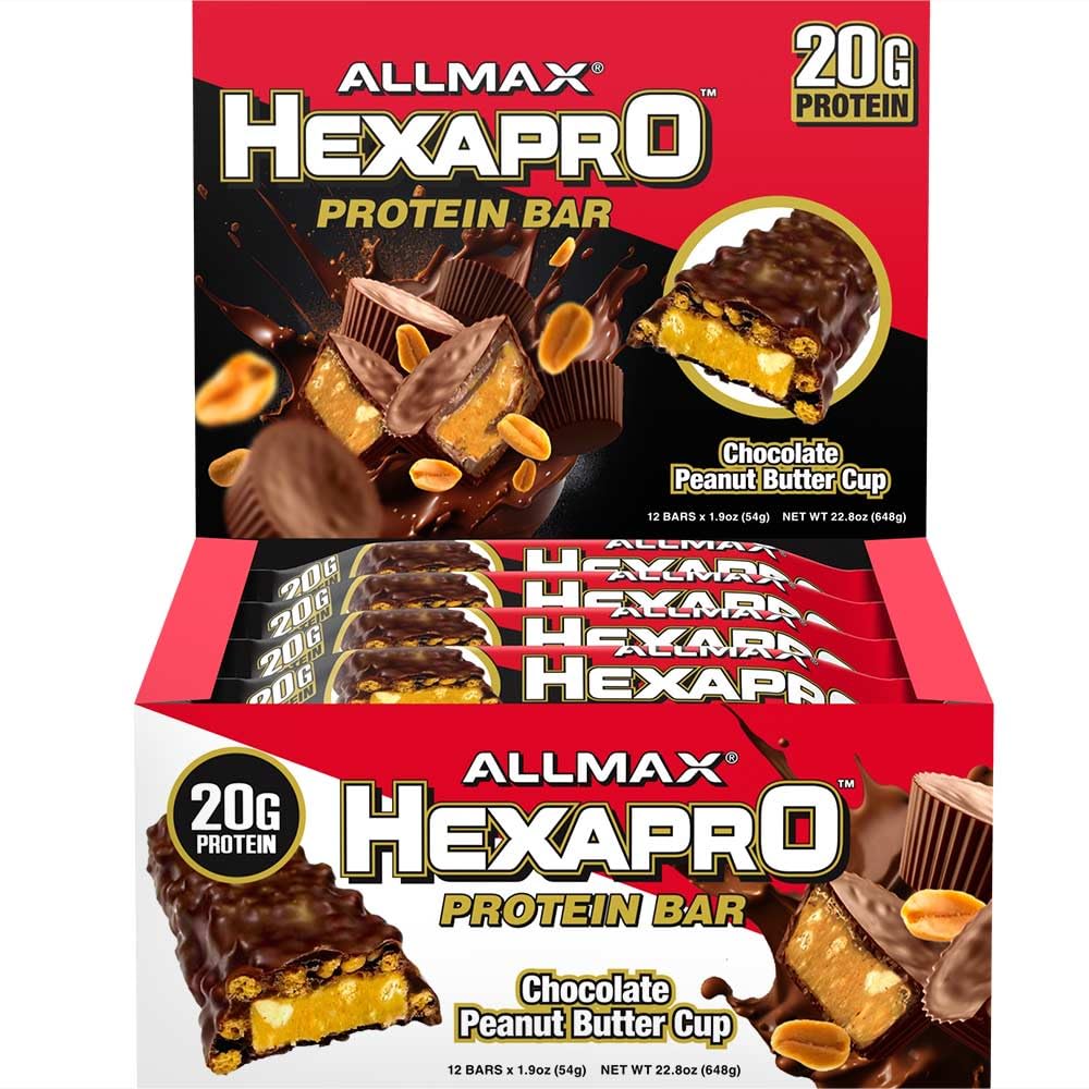 ALLMAX HEXAPRO PROTEIN BAR, Cioccolato Peanut Butter Cup - Confezione da 12 - Spuntino ad alta produttività - 20 g di Proteine Per Bar - Con Isolato di Proteine