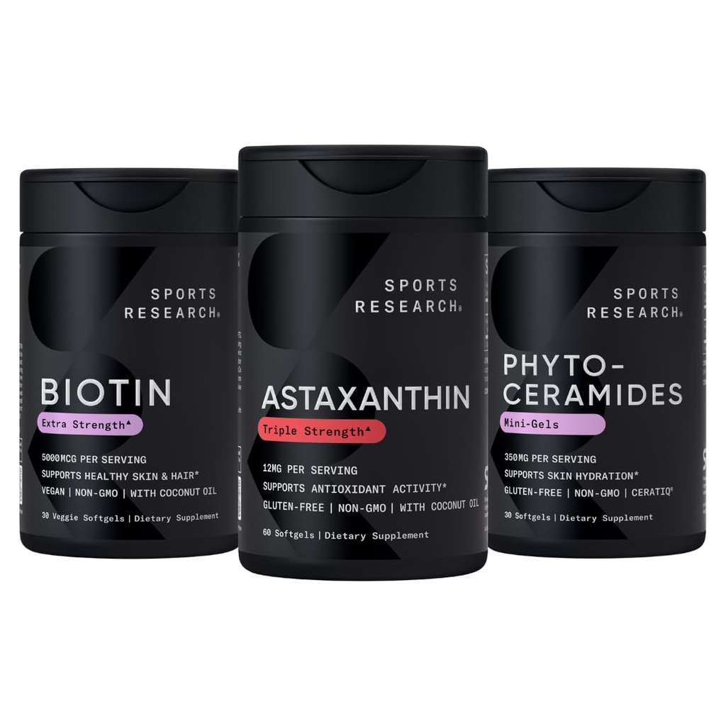 Supporto per pelli e capelli sani di ricerca sportiva® - Vegan Biotin 10.000mcg con olio di cocco, tripla resistenza Astaxantina 12mg, e Phytoceramides 350mg per Softgel · Non-GMO · Vegan · Senza glutine