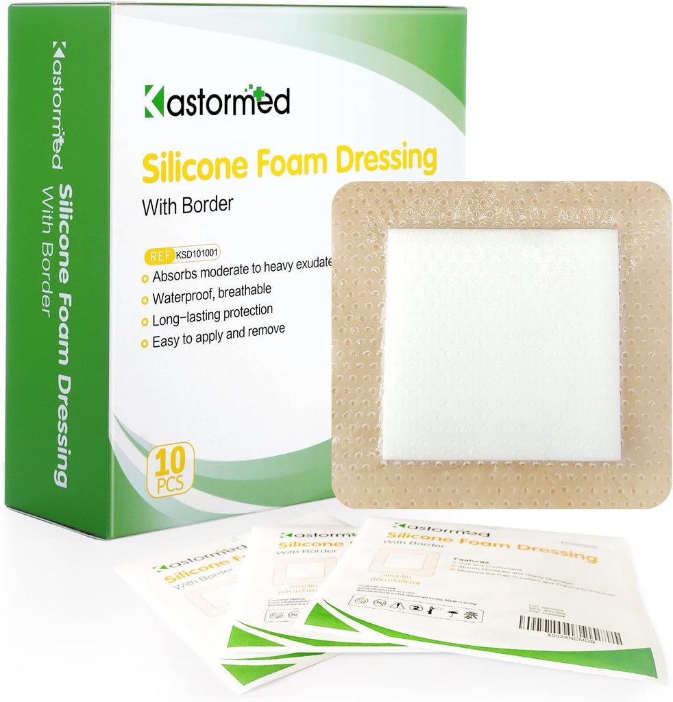 Kastormed Silicone Adhesive Foam Dressing con Gentle Border 4'x4''' 10 Pack, Alta assorbenza Foam Wound Bandage for Bed Sore, Leg Ulcer, Diabetic Ulcer