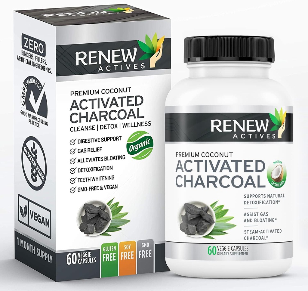 Rinnova gli attivi attivati supplemento di carbone 1100MG per 2 capsule - Digestive Support & Teeth Whitening Formula, No ingredienti artificiali - Made in Canada - 60 capsule