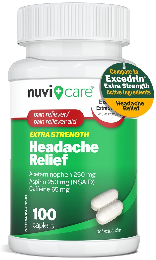 Rilievo di mal di testa con Acetaminophen 250 mg, Aspirina (NSAID) 250 mg, Caffeina 65 mg - Rilievo temporaneo di dolori e dolori minori - Confronta con Excedren Extra Strength Pain Reliever (100 Caplets)