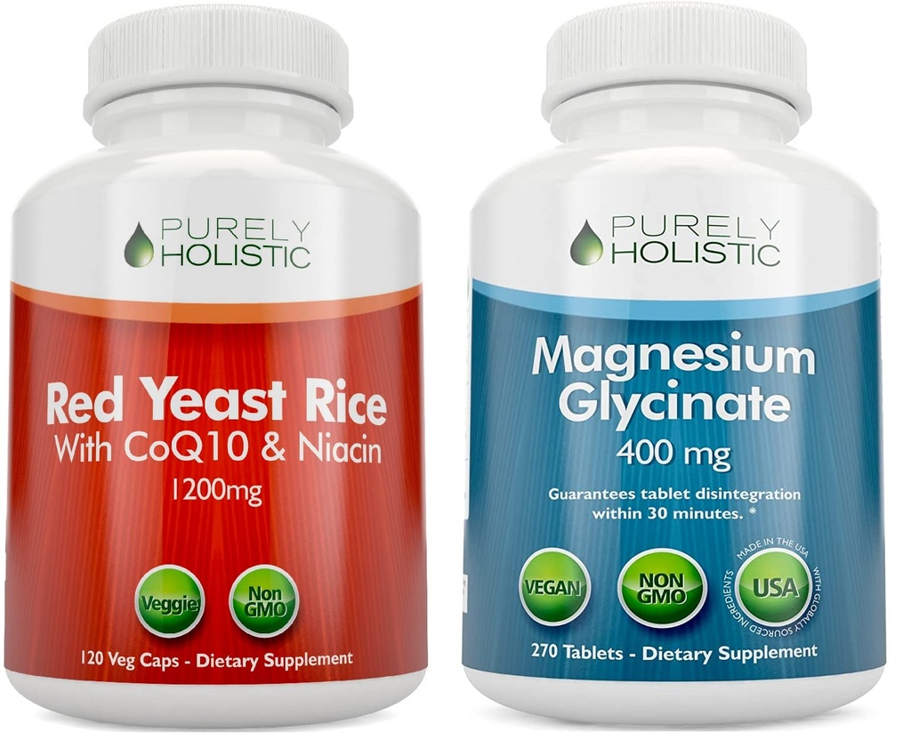 Riso di lievito rosso puro olistico 1200mg con CoQ10 & Niacina + Magnesio Glycinate 400mg - 120 capsule + 270 compresse - Made in USA