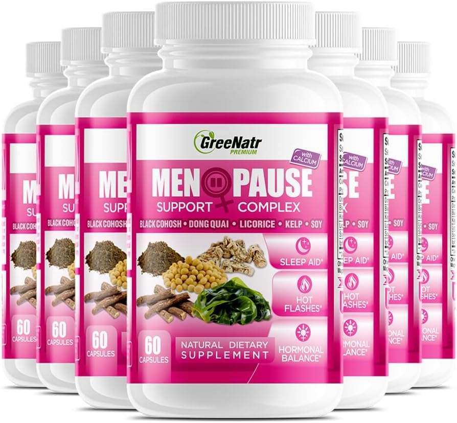 GreeNatr Herbal Menopause Complesso di supporto per Flash Hot, Night Sweats & Mood Swings Relief. Promuove i livelli di ormone bilanciato - Cohosh nero, Dong Quai, radice di liquirizia & foglie di Kelp (12 bottiglie)