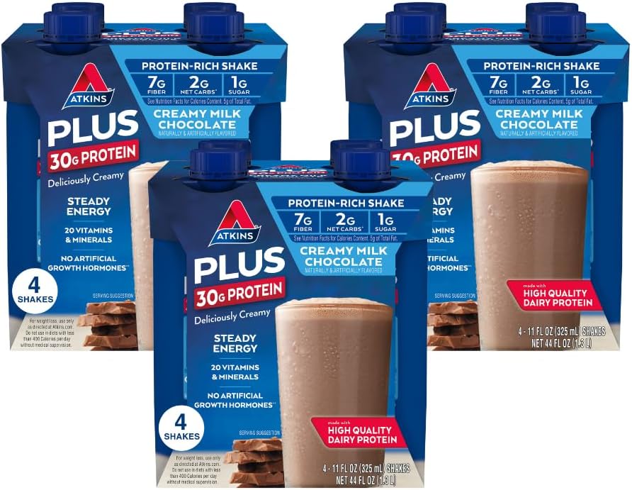 Atkins Latte cremoso Cioccolato PLUS Protein Shake, 30g Protein, 7g Fiber, 2g Carb Net, 1g Zucchero, Keto Friendly, Carbo basso, Alta bevanda proteica, 12 Conte