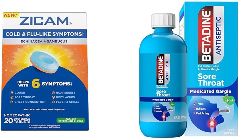 Zicam Cold Symptoms Rilievo con Betadine Sore Throat Gargle, Echinacea & Sambucus Compresse omeopatiche, 20 Conte & 8 FL OZ