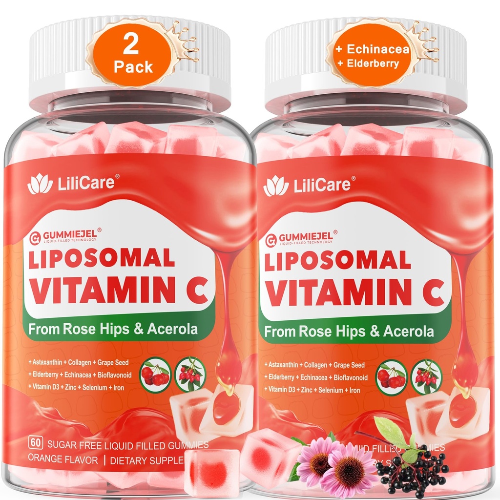 Vitamina Liposomal C 1000mg Gommie riempite per adulti e bambini 9+, 1660mg Miscela w/Echinacea, Mirtillo, D3, Zinco, Ferro, Bioflavonoide, Astaxantina, Naturale Organic Chewable Vitamin C, Sugar Free, 2Pack
