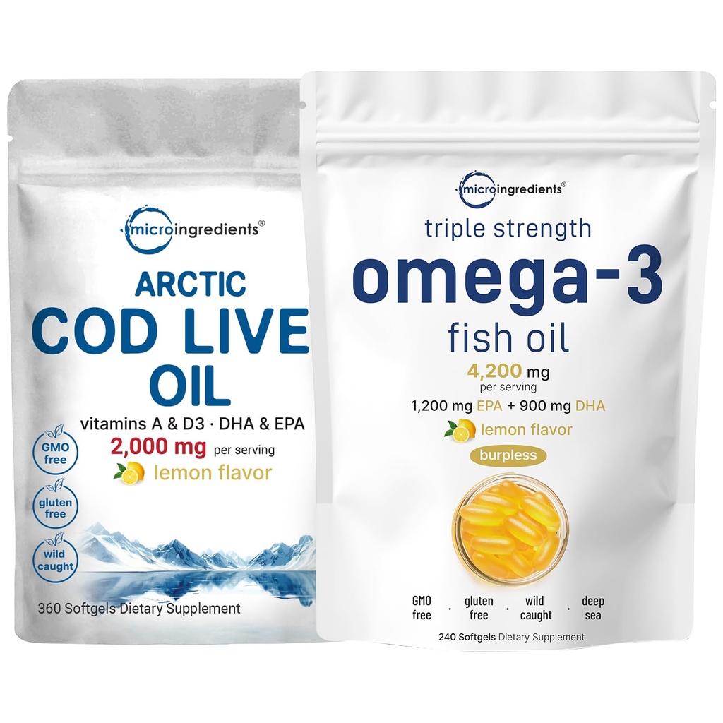 Supplementi di olio di pesce Omega 3 a tripla resistenza 4200mg Per Serving & Cod Liver Oil 2000mg Per Serving, 360 Softgels | Limone aromatizzato – Burpless – Wild Caught – Arctic Deep Sea Fish