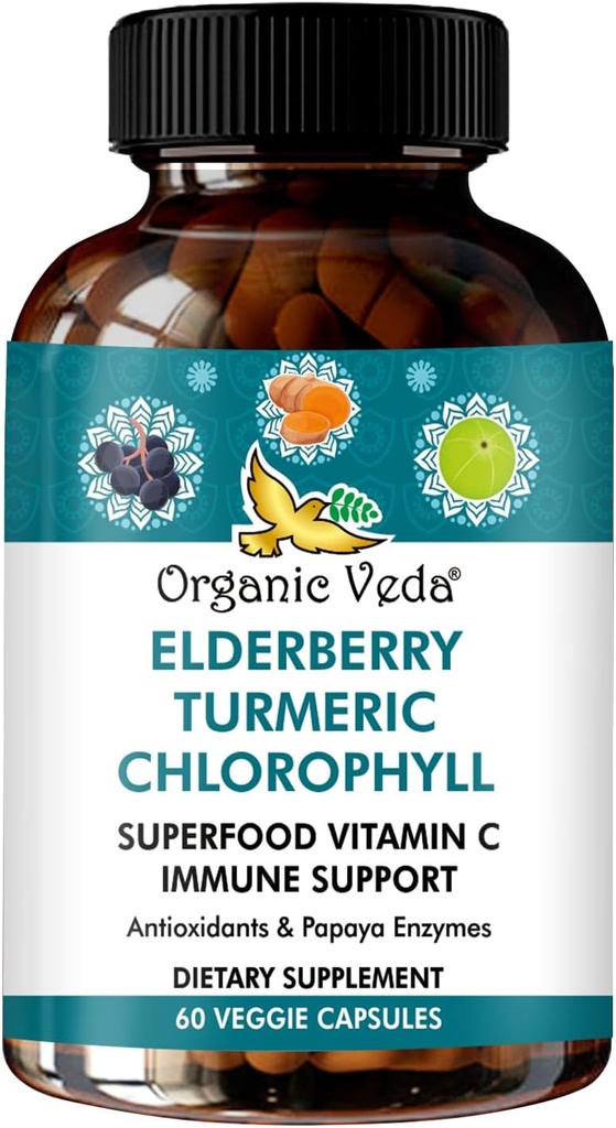 Organic Veda Elderberry Turmeric Chlorophyll Immune Support Supplemento - Superfoods Antioxidants, Green Vitamin C, Grape Seed Extract, Acerola, Moringa & Papaya Enzymes - 60 Vegan Capsule
