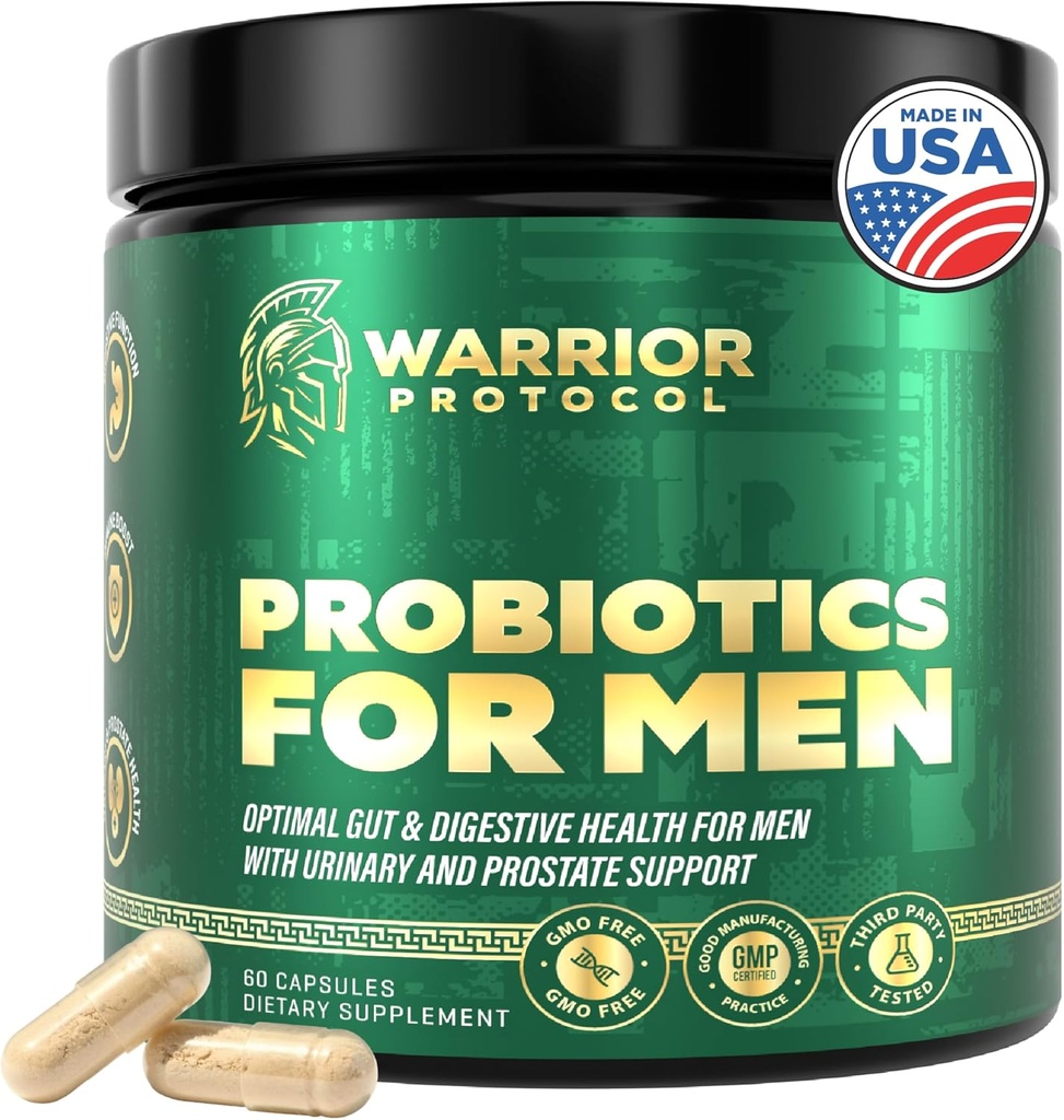 Probiotici per gli uomini con prebiotici - Integratore Probiotico per la salute digestiva, Salute Gut, Salute Immune, Bloating e Cura della prostata - Strains Shelf Stable, Gluten & Soy Free 60 capsule.