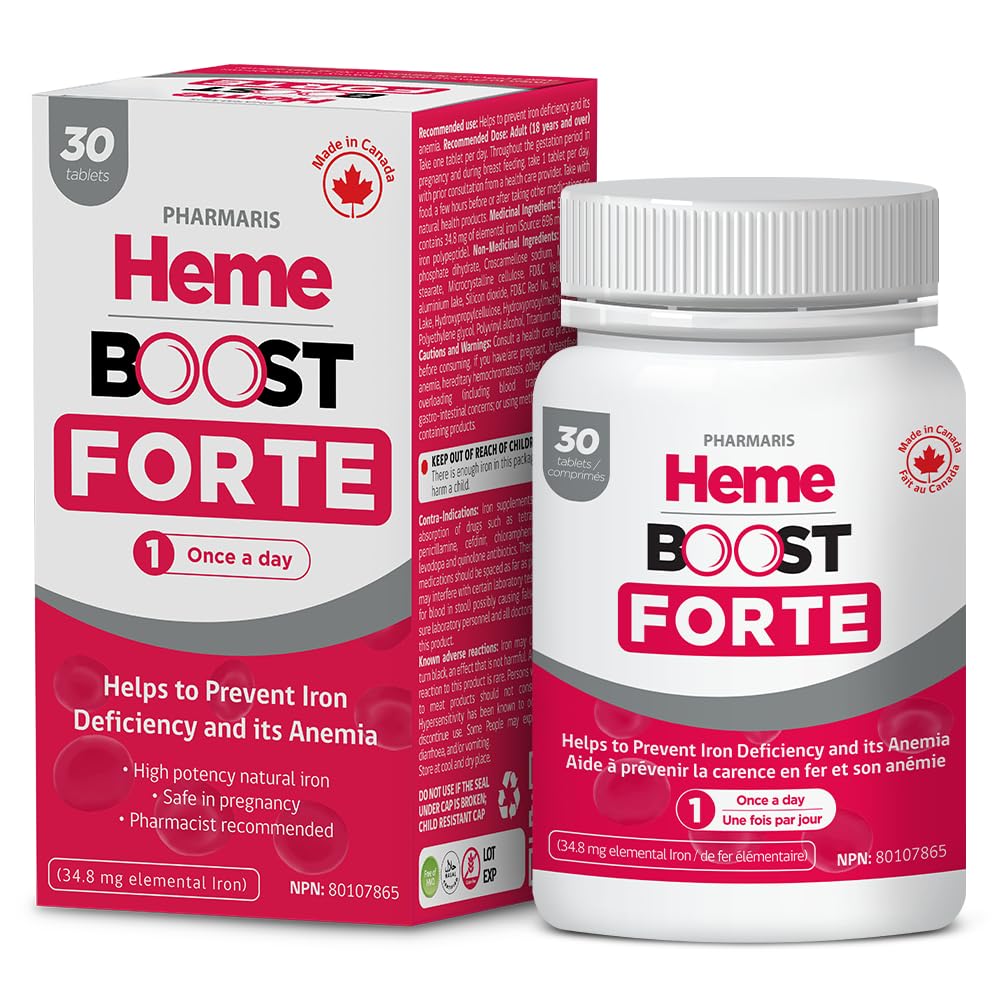 Hemeboost Forte 34.8 mg (696 mg Heme Iron) I 30 compresse I High Potency Natural Iron Supplement I High Absorption & Gentle on Stomach I Iron Pills for Adults & Safe for Use in Gravidanza