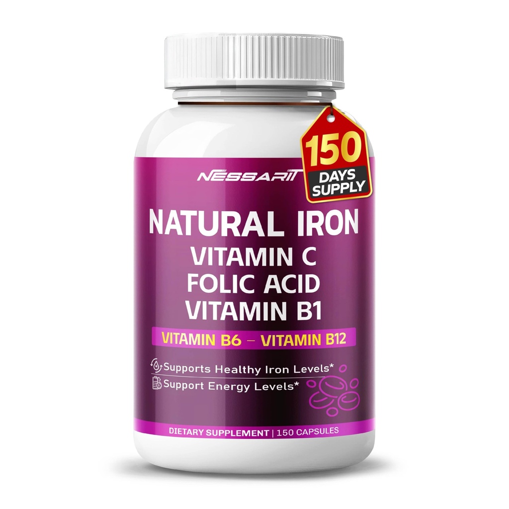 Elevata potenza di ferro organico con vitamina C, acido folico - Formula ad alto assorbimento vitamina B1, vitamina B6, vitamina B12 - Support Blood Building - 150 Count - Made & Tested in USA