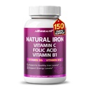 Elevata potenza di ferro organico con vitamina C, acido folico - Formula ad alto assorbimento vitamina B1, vitamina B6, vitamina B12 - Support Blood Building - 150 Count - Made & Tested in USA