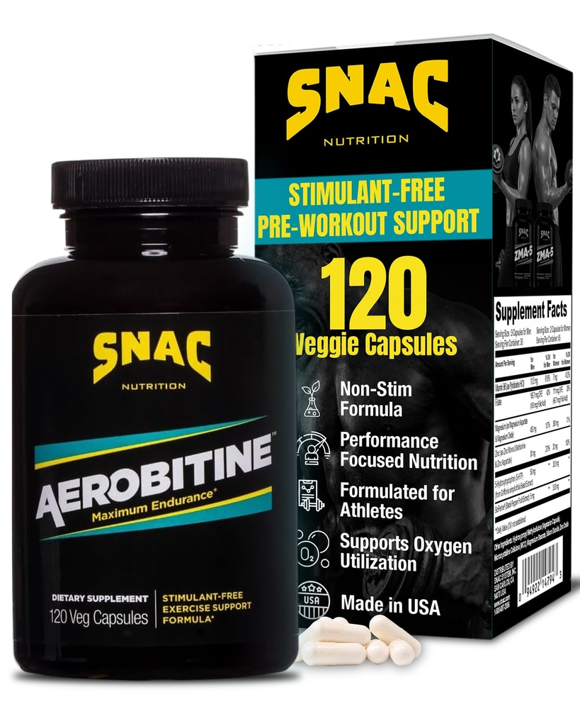 SNAC Aerobitine - Stimulant Free Pre-Workout Supplemento per la massima resistenza. Nitric Oxide Booster, migliora il flusso sanguigno, riduce i benefici negativi e termogenici. 120 capsule vegetali