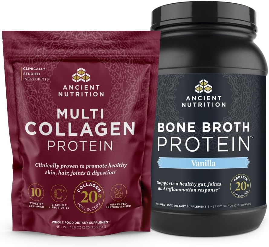 Antica Nutrition Multi Collagen Protein Powder, Non aromaed, 100 Serve + Bone Broth Protein Powder, Vanilla, 40 Serve