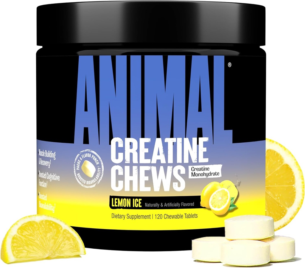 Animal Creatine Chews Tablets - Creatina potenziata Monoidrato con AstraGin per migliorare l'assorbimento, sale marino per pompe aggiuntive, Deliziose e Comode Chewable Tablets - Lemon Ice