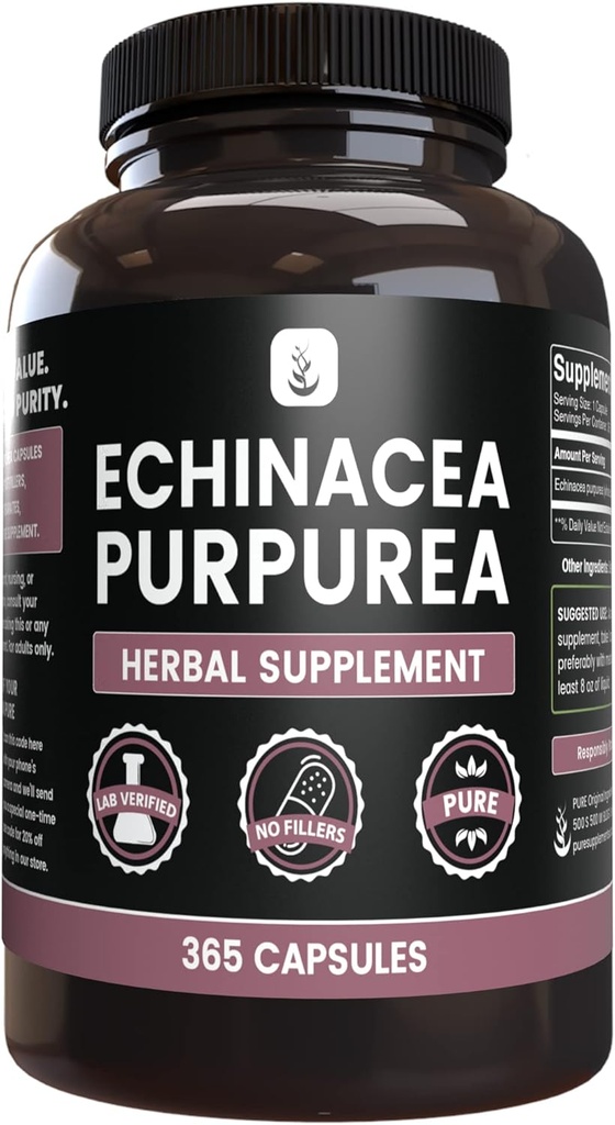 PURE ORIGINAL INGREDIENTI Echinacea Purpurea (365 capsule) Nessun filler di magnesio o di riso, sempre puro, verificato il laboratorio