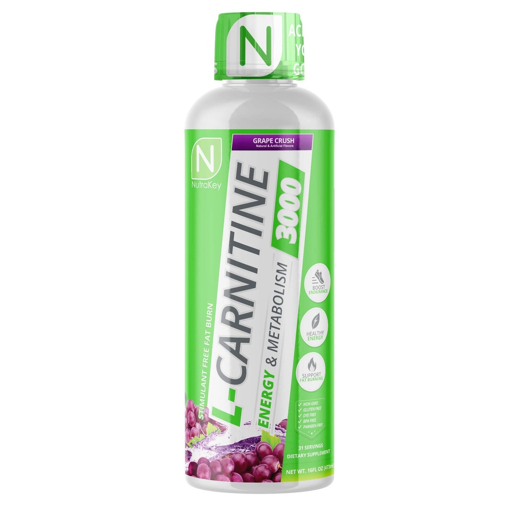 NutraKey L-Carnitine 3000mg, No Sugar, Gluten Free, Turn Into Fuel, (Grape Crush) 31 Serve